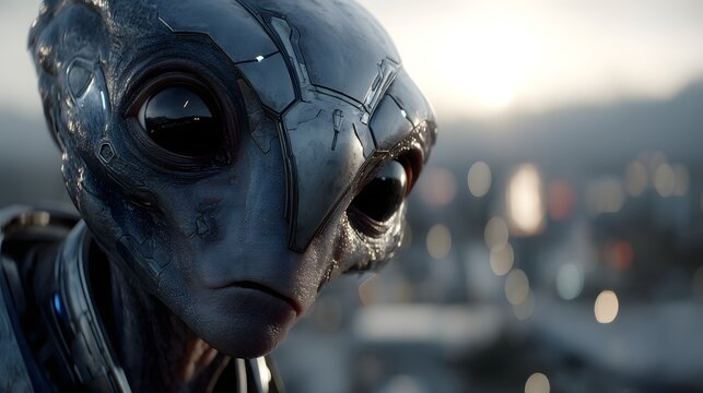 Futuristic Alien Character with Metallic Skin and Thoughtful Expression - Powered by Adobe