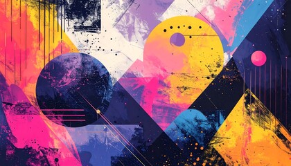 An abstract composition featuring overlapping geometric shapes and brushstrokes with a vibrant color palette, evoking dynamism