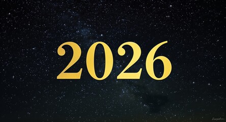 Golden 2026 sign on a starry night sky background.