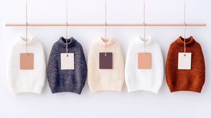 A collection of five different colored knit sweaters are displayed hanging from a wooden rod, each with a blank square tag.