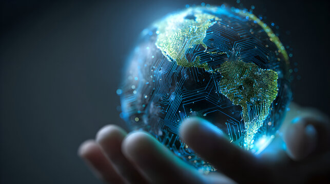 Hand gently holding a glowing digital globe with circuit patterns. 
