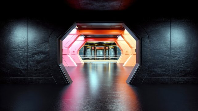 A modern, futuristic corridor with hexagonal openings revealing a brightly lit interior and reflective floor.