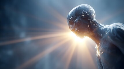 Futuristic humanoid figure with glowing elements and dramatic light ray