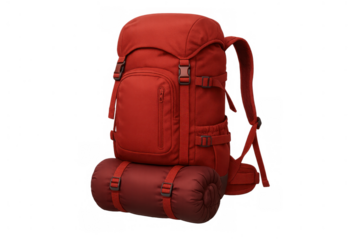 Red hiking backpack with rolled sleeping bag attached, ready for outdoor adventure and journey on transparent background