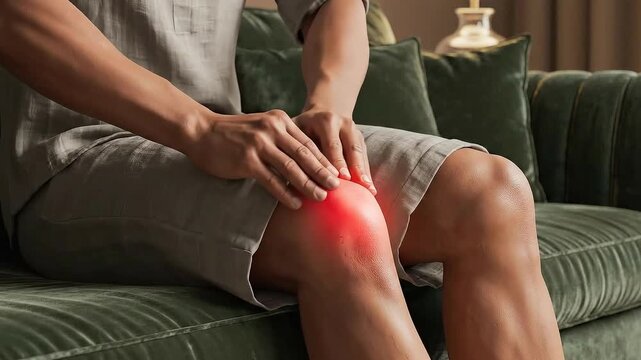 Man In Gray Shorts Touching Red Highlighted Knee While Sitting On Green Sofa
