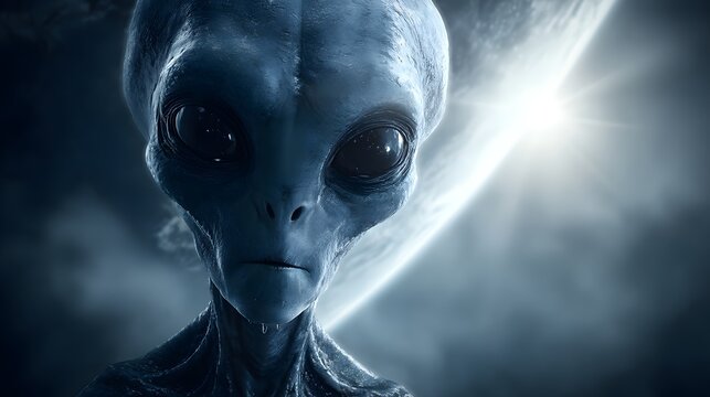 Mysterious Alien Figure Against Dark Cosmic Background