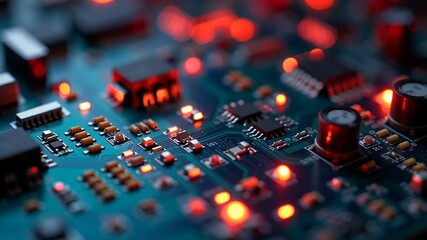 Dynamic circuit board with glowing red LEDs signifies active data flow and cutting edge technological innovation
