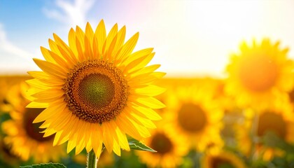 Obraz premium Bright yellow sunflowers blossom across the summer field under a clear blue sky, illustrating natural growth and beauty