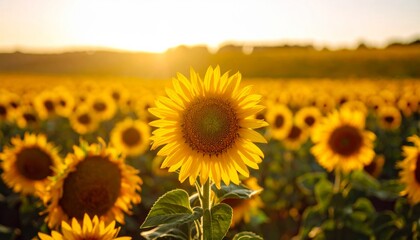 Fototapeta premium Bright yellow sunflowers blossom across the summer field under a clear blue sky, illustrating natural growth and beauty