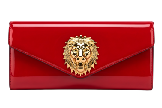 Red patent leather clutch with golden lion head isolated isolated on transparent background