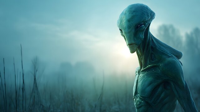 Mysterious Alien Creature in Foggy Landscape at Dawn