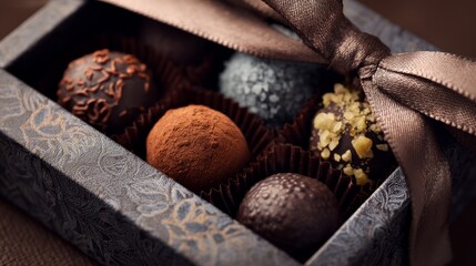 Chocolate truffles in elegant gift box with silk ribbon. Premium quality