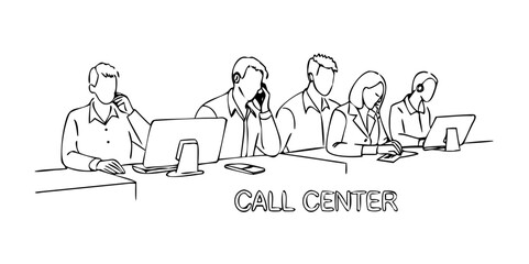 Continuous one line drawing group of call center team members answer purchase order phone call from client. Male and female customer service on job. Single line draw design vector graphic illustration