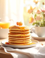 Golden Stack of Pancakes with Honey and Berries in Morning Light