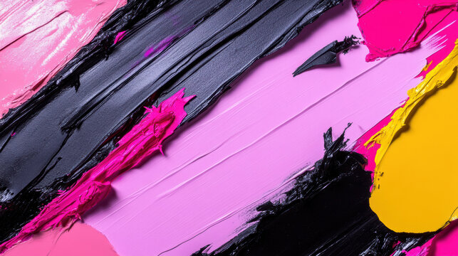 Vibrant Abstract Brush Strokes in Pink, Black, and Yellow Acrylic Paint Texture - Powered by Adobe