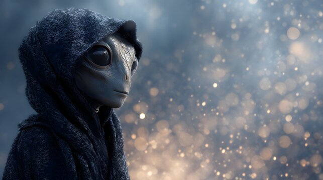 Mysterious Alien Figure in Hooded Cloak Against Sparkling Backdrop