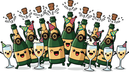 Happy cartoon champagne bottles and glasses celebrating together