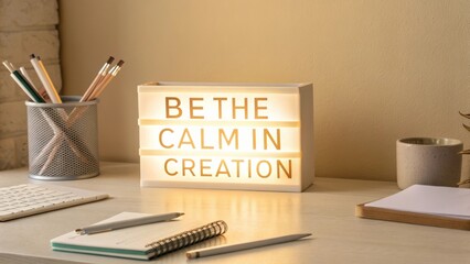 Inspirational Desk Decor with Message Light Box Promoting Calmness and Creativity in a Cozy Workspace Environment