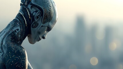 Futuristic Robot Contemplating in Urban Landscape at Dawn