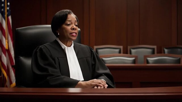 Portrait of a thoughtful African-American woman judge in a courtroom setting, dressed formally