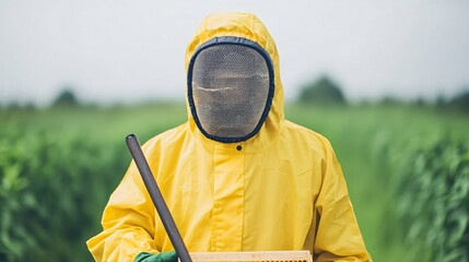 Young urban beekeeper wearing protective suit inspecting honeycomb frame in eco rooftop garden with green plants around. 