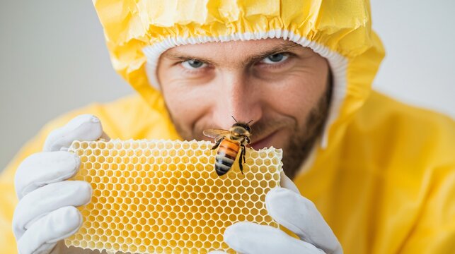 Young urban beekeeper wearing protective suit inspecting honeycomb frame in eco rooftop garden with green plants around. 