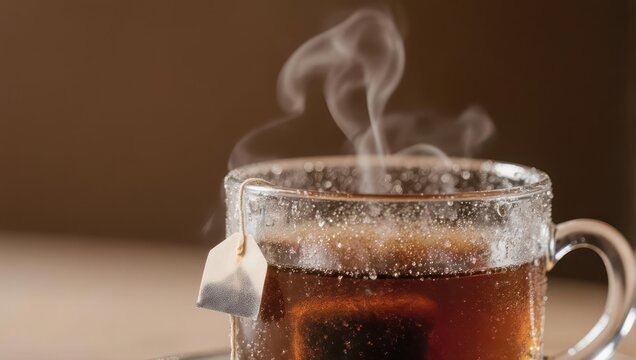 Steaming Hot Tea in a Glass Mug with Tea Bag and Soft Background.