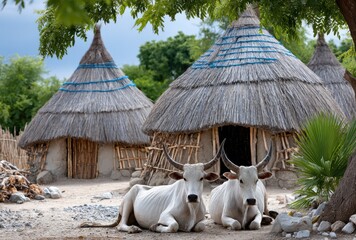a scene of cows resting in the village, surrounded by thatched huts and other animals. the focus is on one brown cow with white spots lying down among several black cows