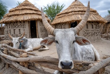 a scene of cows resting in the village, surrounded by thatched huts and other animals. the focus is on one brown cow with white spots lying down among several black cows