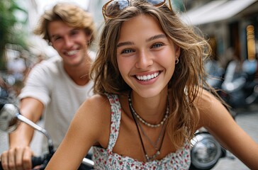 happy young woman riding a scooter with her boyfriend behind her, both smiling and having fun on a city street on a summer day.