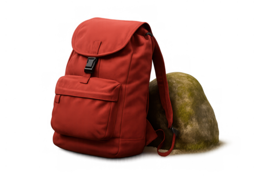 Red travel backpack standing against a mossy rock, prepared for an outdoor adventure, transparent background