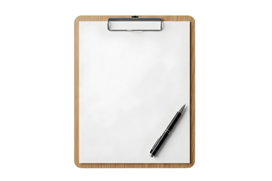 Clipboard with blank sheet and pen isolated on transparent background