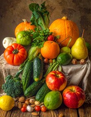 Assortment of colorful fruits and vegetables artfully arranged