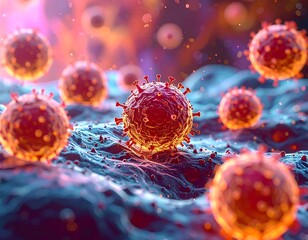 Microscopic view of spherical virus particles and cellular landscape