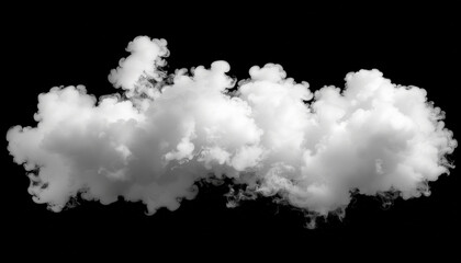 Fluffy white cloud against a black background, atmospheric weather element.
