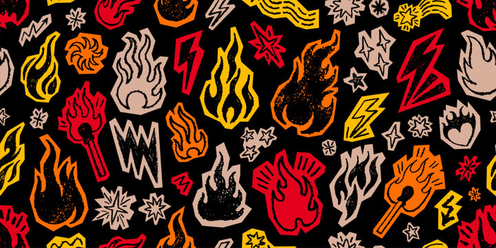 Fire pattern. Flame seamless background. Vector fire illustration. Crayon chalk texture. Red yellow flame repeat graphic. Hand drawn simple seamless pattern. Tattoo smoke black bg. Doodle y2k sketch