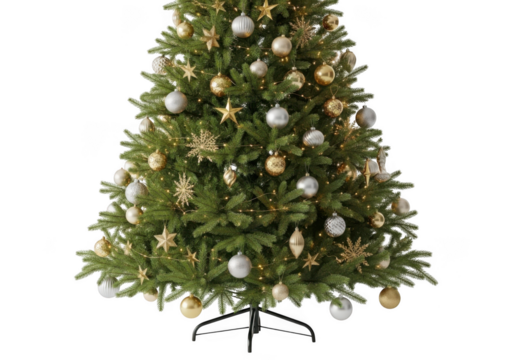 A beautifully decorated christmas tree with gold and silver ornaments, isolated on transparent background