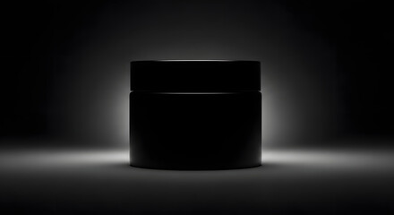 Sleek black cylindrical container with a minimalist design, dramatically illuminated against a deep dark background, creating a luxurious and mysterious ambiance for premium product representation