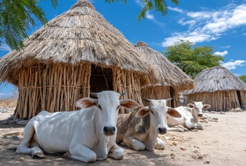 a scene of cows resting in the village, surrounded by thatched huts and other animals. the focus is on one brown cow with white spots lying down among several black cows
