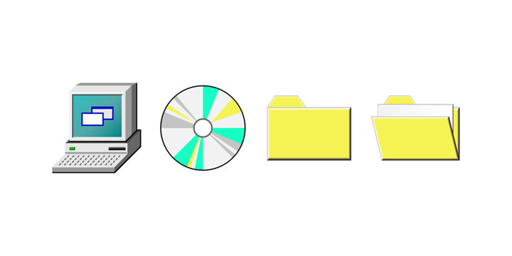 Vintage Windows 98 icon set including My Computer, Compact Disc, Files, and Folder icons featuring classic retro design, nostalgic pixel art, and old-school user interface aesthetics.
