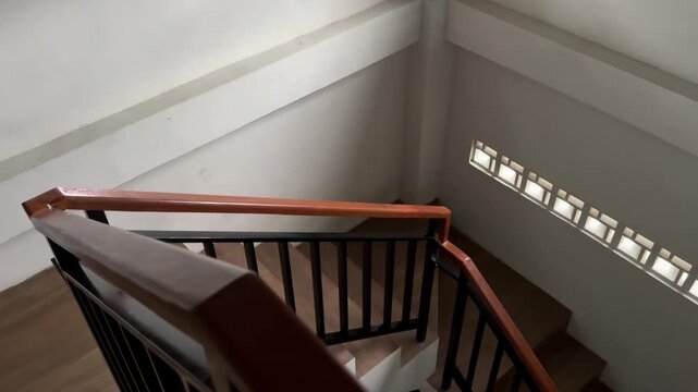 Modern Staircase with Wooden Handrail and Black Spindles. Cinematic indoor dream house with tree view.