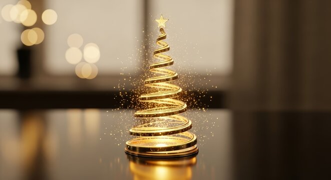 Elegant golden spiral christmas tree with glitter and bokeh lights