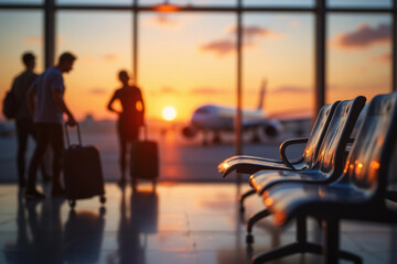 Defocused Background of Serene Sunset at Airport Terminal with Airplane in Background and Empty Waiting Chairs for Travelers. Blurred Background. 3d rendering.