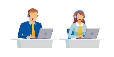 Call center, hotline workers. Man and woman in headphones with microphone at laptop. Customer support department staff, telemarketing agents. Vector illustration isolated on white background. See Less
