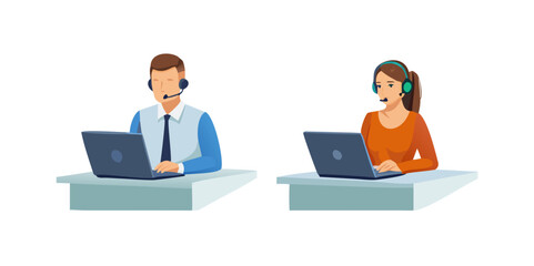 Call center, hotline workers. Man and woman in headphones with microphone at laptop. Customer support department staff, telemarketing agents. Vector illustration isolated on white background. See Less