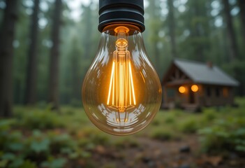 light bulb glowing with power. remote cabin foggy nature forest. symbolizing eco-friendly innovation, green energy concept
