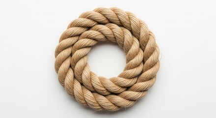 Thick natural fiber rope coiled into a perfect circle on a white background