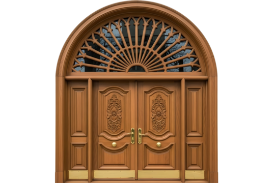 Ornate wooden door isolated on transparent background