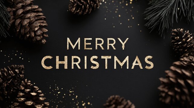Merry christmas greetings card with pine cones and gold glitter on dark background image