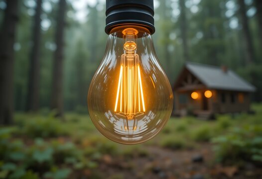 light bulb glowing with power. remote cabin foggy nature forest. symbolizing eco-friendly innovation, green energy concept